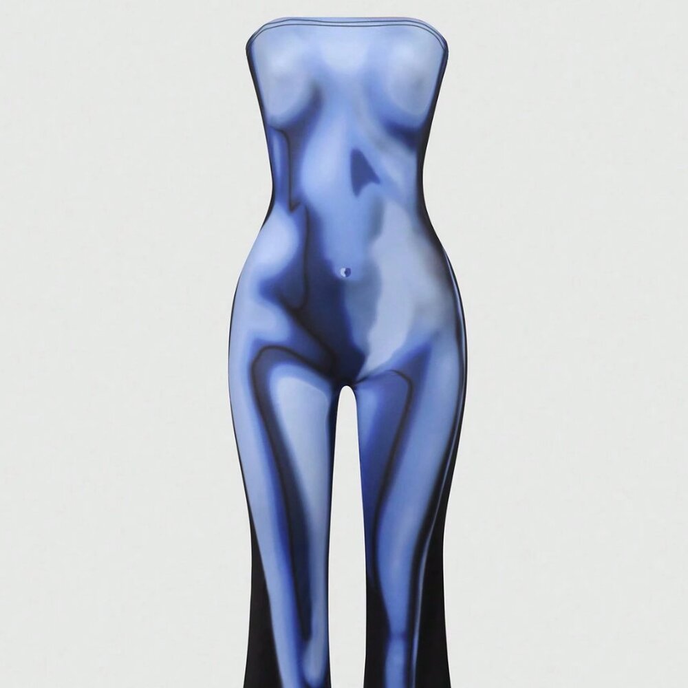 Body Heat Map Print Strapless Tube Jumpsuit | Blue Black Flare Y2K